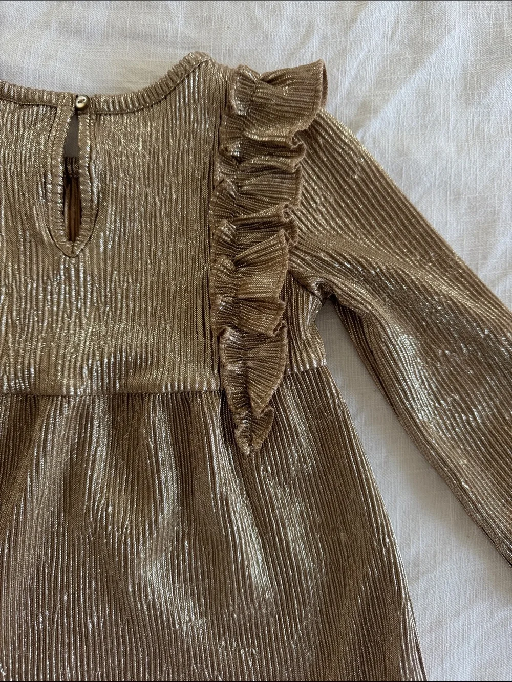 H&M Metallic Gold Ruffle-Detail Long Sleeve Dress